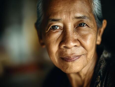 Elderly woman gazes calmly, wrinkles accentuated by soft lighting, silver hair neatly pulled back. Expression is serene, wearing a dark patterned garment, shallow depth of field focuses on face photo