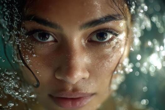 Intense close-up of a woman underwater, with bubbles surrounding her face. Her piercing eyes and slightly wet hair add a dramatic effect to the image photo
