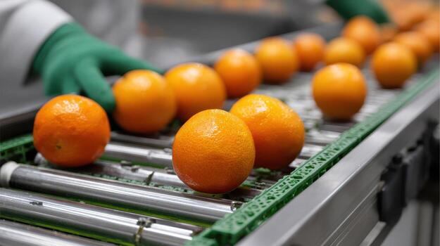 Orange conveyor automated inspection, worker with green gloves sorting fruits in a processing facility, focus on shiny oranges, green plastic conveyor belt, industrial perspective photo