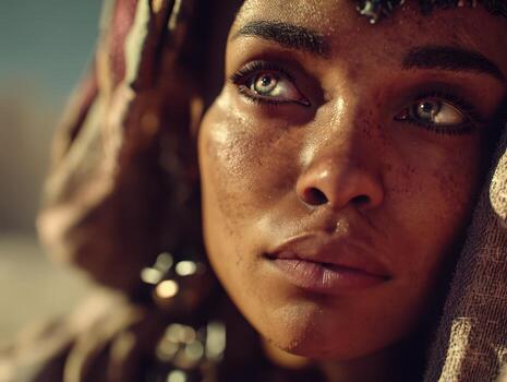 Close-up of a person's face gazing upwards, with deep eyes and textured skin. Sunlight casts soft shadows, and a patterned cloth frames the face, adding depth and character photo