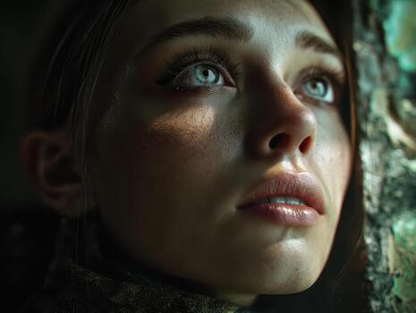 Close-up of a young person gazing upward with expressive eyes, soft natural light highlighting facial features. The background is slightly blurred, adding focus to the reflective expression photo