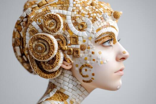 Profile of a woman with intricate mosaic artwork on face and head, featuring gold and white tiles forming circular and geometric patterns, conveying a futuristic, artistic design photo