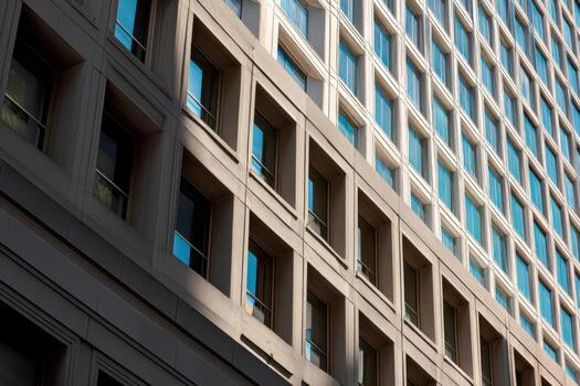 Modern architecture with large glass windows on a high-rise building, displaying a repetitive grid pattern. The clear sky reflects on the glass panels, enhancing symmetry photo