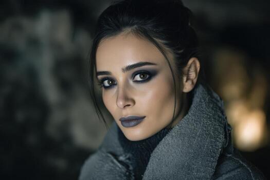 Woman with dark eye makeup and matte lipstick looks directly at the camera. She wears a textured coat and has long dark hair tied back, with a bokeh effect in the background photo