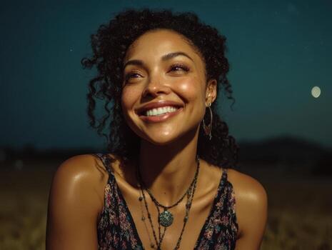 Smiling woman with curly hair wears necklaces and earrings, gazing to the side against a twilight sky with a visible moon. She is dressed in a floral pattern top and looks serene and joyful photo
