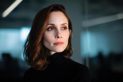 Woman gazes thoughtfully, wearing a black turtleneck, short hair curled at ends, soft lighting, blurred office setting in the background with fluorescent lights and windows photo