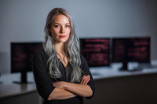 Young woman with long gray hair stands confidently with arms crossed in front of blurred computer monitors displaying red text, wearing a black top in professional setting photo