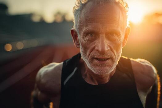 Elderly man with athletic build, intense expression, wearing a sleeveless top, illuminated by warm sunlight blurred track in the background suggests a running environment photo