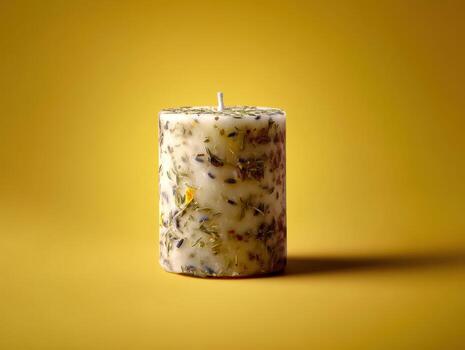 A cylindrical candle with embedded dried lavender and flowers on a yellow backdrop. The candle is unlit, showcasing its intricate natural textures and appealing decorative elements photo