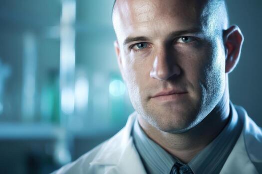 A serious-looking man in a white coat stands indoors, focusing intently on the camera. The background is blurred with faint blue and green colors and indistinct shapes photo