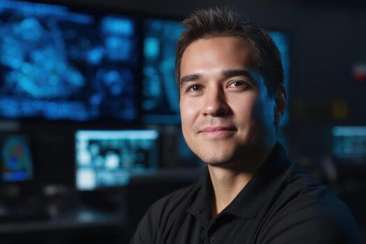 Confident man in a black shirt smiling in a dark room with digital screens displaying blue graphics in the background, creating a futuristic and technological atmosphere photo