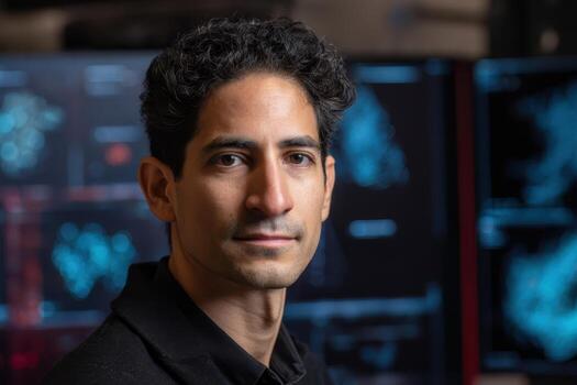 A man with dark hair is looking into the camera with a serious expression, standing in front of multiple computer screens displaying complex data and blue diagrams photo