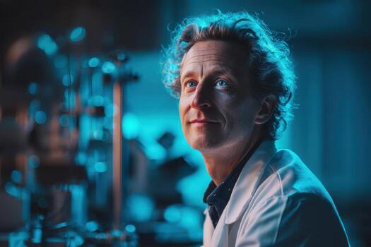 Male scientist in white coat looking thoughtful with laboratory equipment in the background, illuminated by soft blue light. His expression suggests curiosity and contemplation photo