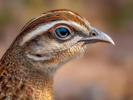 Close-up of a bird with striking blue eye and detailed brown and white plumage, highlighting intricate feather patterns and textures. The bird has a pointed beak and vivid gaze photo