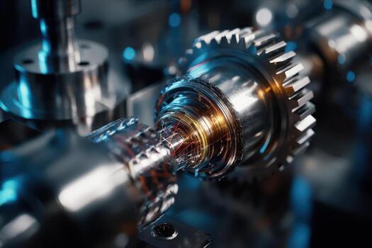 Close-up of a metallic gear mechanism with intricate details, showcasing precision engineering and shiny surfaces. The focus is on the central gear, surrounded by blurred components photo