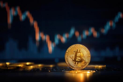 Golden coin with a symbol stands prominently against a blurred financial graph backdrop, indicating market changes. Other coins are scattered in soft focus at the bottom photo