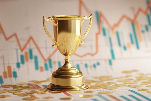 Golden trophy on a surface with scattered coins, in front of financial graph with red and blue lines. The background features various chart elements and data analysis symbols photo