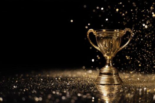 Golden trophy cup with two handles on a sparkling surface, surrounded by shimmering gold particles floating in the air, creating an elegant and celebratory atmosphere photo