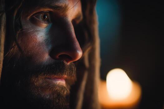 A bearded man in a hood, gazing intently to the side, illuminated by a candles warm glow, creating a contemplative atmosphere. His face is partially shadowed, enhancing mystery photo