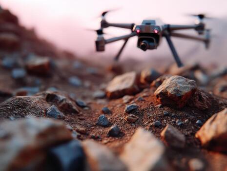 A drone hovers above a rocky, uneven terrain with reddish-brown stones. The background shows a soft, out-of-focus landscape, suggesting a remote, natural environment photo