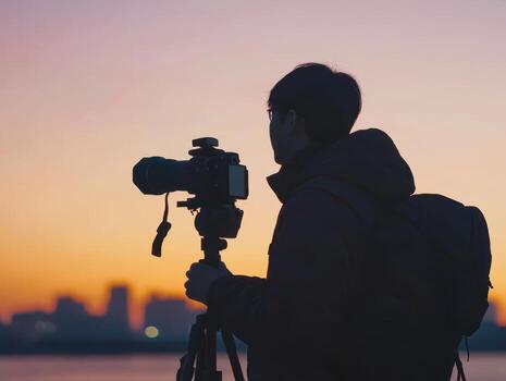 Silhouette of person with camera on tripod at sunset, facing city skyline. Soft hues of orange and purple blend in the evening sky, adding warmth to the serene urban scenery photo