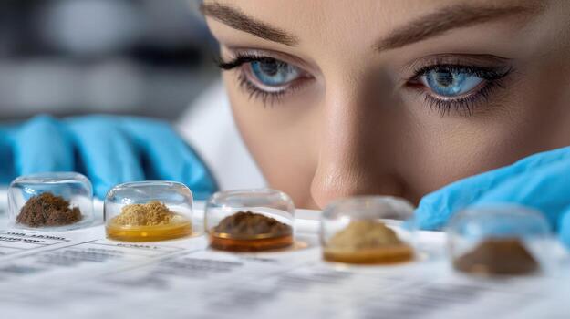 A scientist wearing blue gloves intently examines various soil samples in small transparent dishes. Her focus is on analyzing the different textures and colors of the samples photo