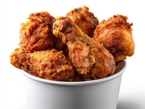Golden-brown fried chicken pieces piled in a white container, showcasing crispy, crunchy texture. Juicy drumsticks and thighs are visible, capturing delectable details of fast-food delight photo