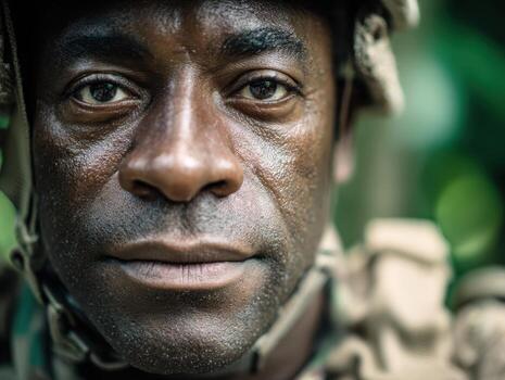 Close-up of a man wearing military attire, showing determination and focus. Details include helmet, camouflage uniform, and intense gaze. Subtle outdoor lighting enhances facial features photo
