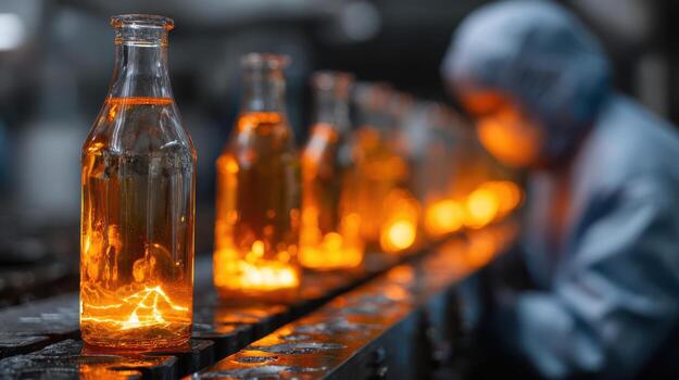 Glass bottles glow with an orange hue along a production line, with a blurred figure in protective gear in the background, emphasizing an industrial manufacturing process photo