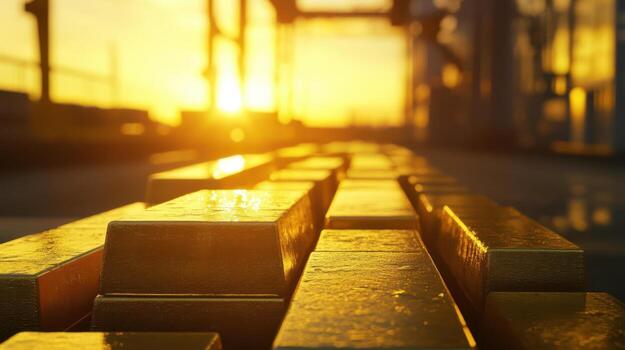 Golden bars are aligned in perspective, reflecting warm sunlight. The blurred background has machinery silhouettes, and the scene conveys wealth and luxury photo