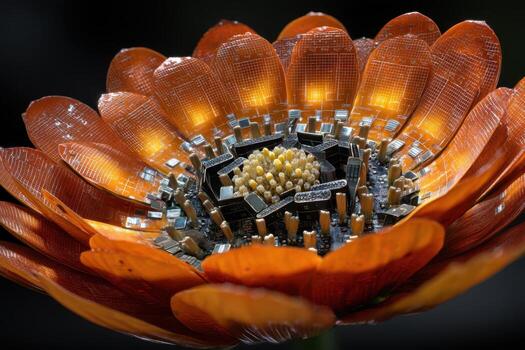 Artificial orange flower with petals resembling circuit boards and electronic components at its center, creating a fusion of technology and nature, with a softly glowing light effect photo