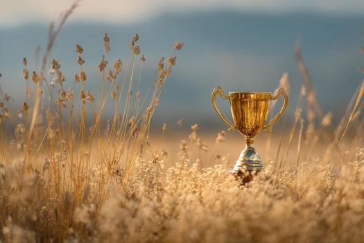 dorado trofeo rodeado por alto salvaje césped y suave, difundido ligero en un campo, transporte temas de logro, naturaleza, y éxito. el antecedentes caracteristicas enfoque suave colinas foto