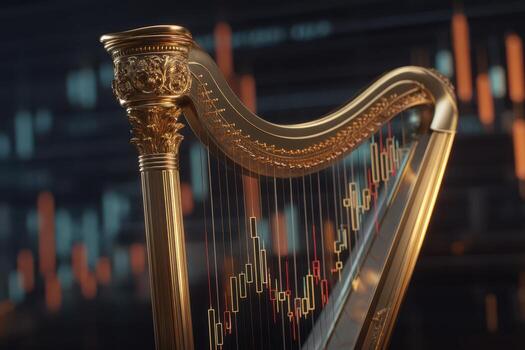 Elegant golden harp with intricate carvings and strings, adorned by a digital interface displaying colorful data charts. A fusion of classical music and modern technology concepts photo