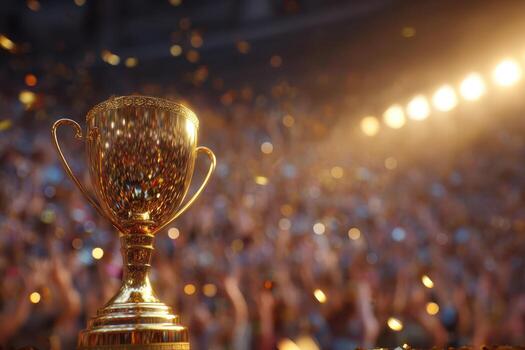 Golden trophy cup with detailed engraving is prominently featured in sharp focus, surrounded by blurred cheering crowd, sparkling lights, and confetti giving a celebratory atmosphere photo