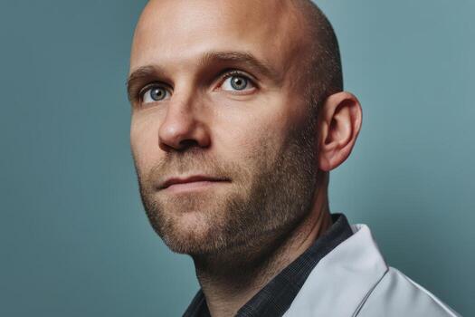 Bald man with short beard wearing a white coat, gazing confidently. He has blue eyes and is facing to the side. The atmosphere is professional and calm, suggesting a medical context photo