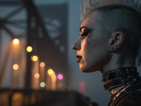 Profile view of a person with a mohawk hairstyle and dramatic makeup. They have piercings and wear a spiked choker. Blurry lights on a bridge create a moody, atmospheric setting photo