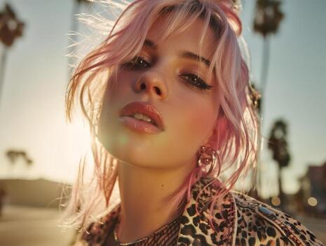 joven mujer con rosado pelo y leopardo impresión chaqueta, en pie en contra un fondo de palma árboles, con el Dom ajuste en el fondo, creando un cálido, suave resplandor alrededor su cara foto