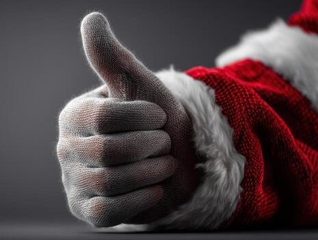 A hand in a red and white fur-trimmed sleeve gives a thumbs-up gesture, suggesting approval or satisfaction. The glove is textured, adding detail to the scene photo