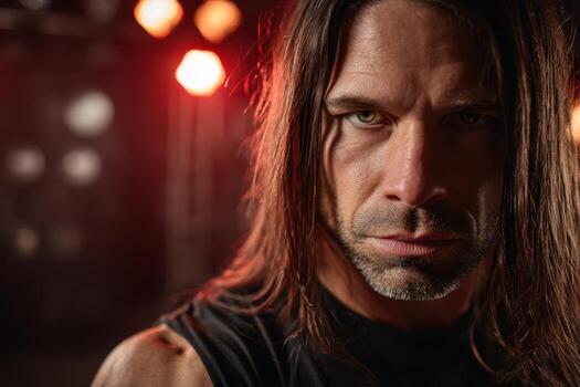 Long-haired man with intense gaze in dramatic lighting, wearing a sleeveless top. The background is faintly visible with light bokeh effects, creating a dynamic and moody atmosphere photo
