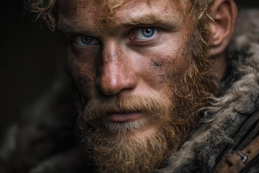 de aspecto robusto hombre con intenso mirada, rojo cabello, y barba, cubierto en suciedad. él usa parecido a una piel ropa, enfatizando un desierto o supervivencia tema. estado animico parece intenso y grave foto