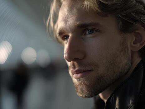 Young man with light hair and beard looks pensively to the side in a softly lit setting with defocused lights in the background, adding depth and warmth to the portrait photo