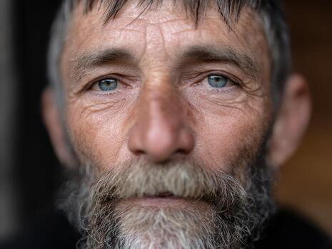 mayor hombre con azul ojos, gris barba, y un grave expresión, capturado en un de cerca retrato destacando facial detalles y un escabroso tez, transporte profundidad y emoción foto