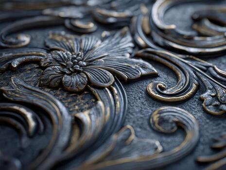 Ornate floral metalwork with intricate detailing, featuring elegant swirling patterns and a central flower motif, highlighted with golden accents against a textured dark surface photo