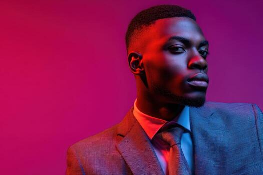 Confident man in gray suit with short hair gazes to the side, illuminated by vibrant red and blue lighting, creating dramatic shadows and highlights on his face and attire photo