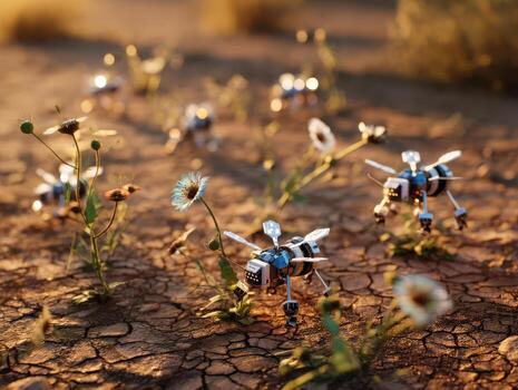 Tiny robotic bees pollinate flowers on cracked earth in a desert setting. Sunlight casts warm tones, highlighting the futuristic technology amid the fragile ecological scene photo