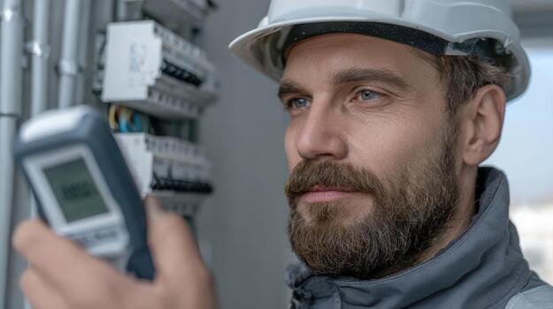 A focused electrician in a hard hat carefully examines an electrical panel, holding a digital multimeter. His expression denotes concentration and expertise in assessing circuits photo