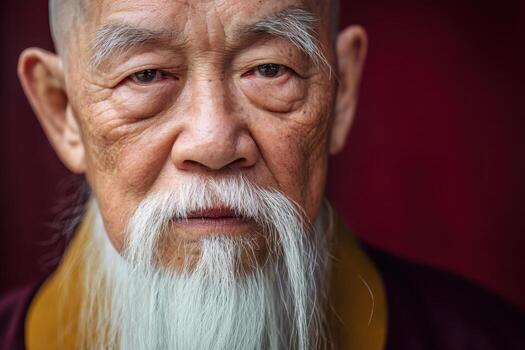 Elderly man with a long white beard and mustache wears a dark robe with a golden collar. His expression is calm and contemplative, with deep facial lines adding character and depth photo