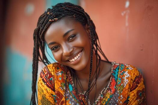 Smiling person with braided hairstyle and colorful patterned garment, leaning against a wall. The setting feels warm and lively, with an emphasis on happiness and culture photo