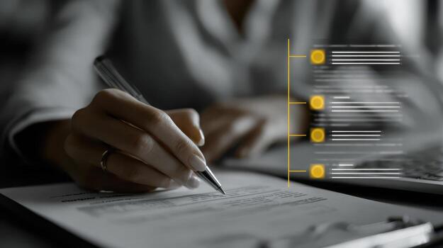 A person writes on paper with a pen, focusing on details. The blurred background emphasizes the hand. On the right, there are four horizontal lines with yellow circular icons beside them photo