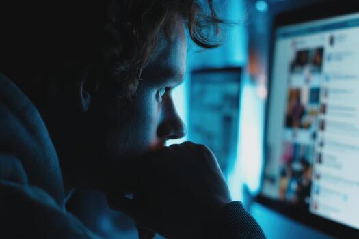 Young person with curly hair focuses intently on a computer screen, illuminated by its soft blue light. The monitor displays various images, suggesting social media browsing photo